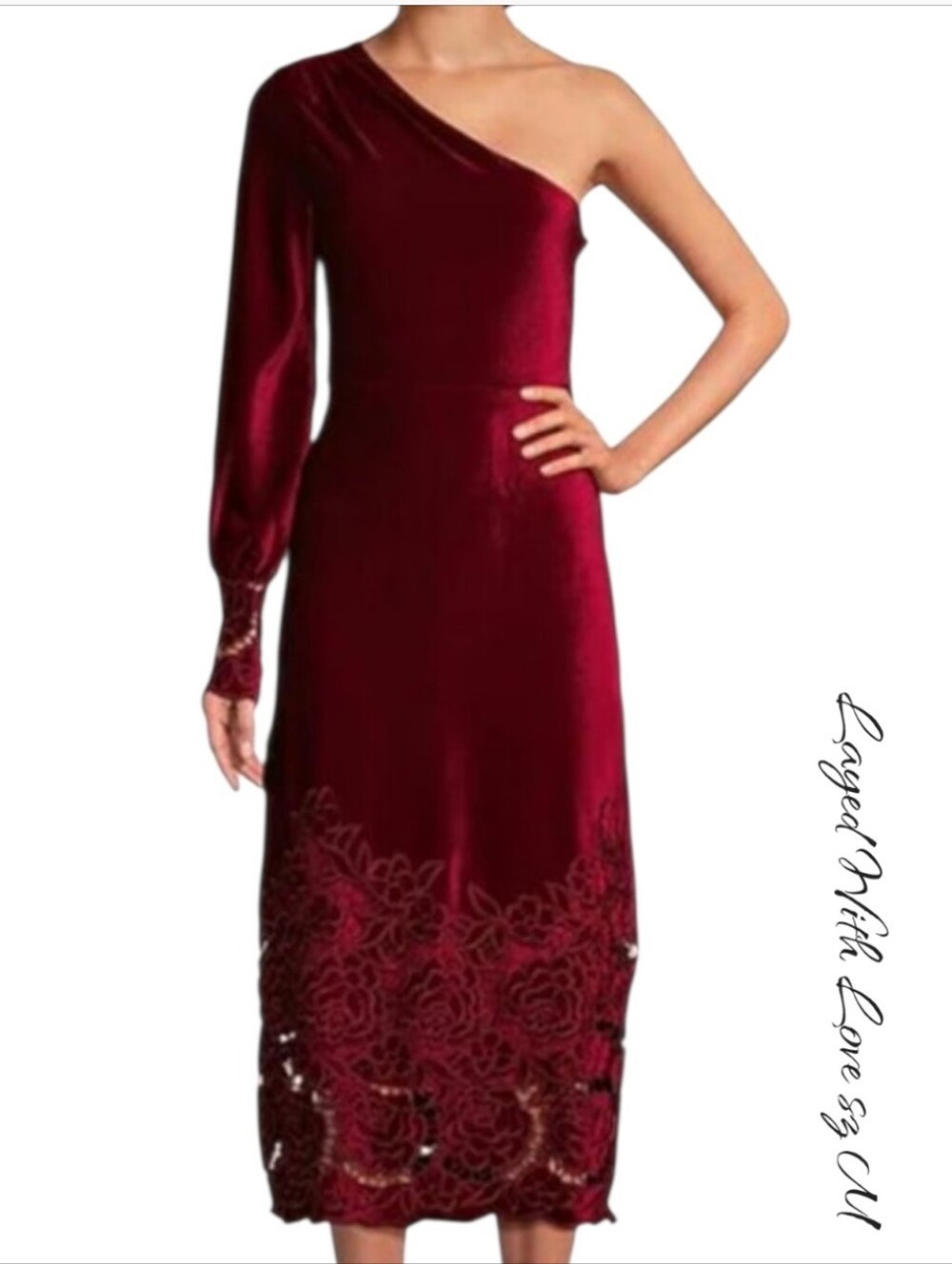 Layered With Love Burgundy Velvet One Shoulder Lace Crochet Midi Dress Wine M